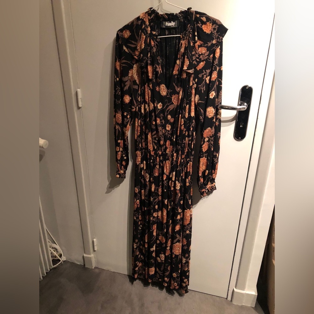 FUNKY France Paris Designer Dress Maxi Long Black Floral S Excellent